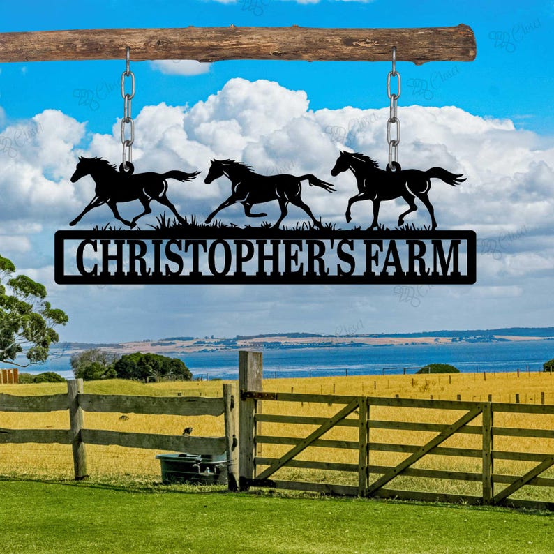Personalized Horse Ranch Sign,Metal Horse Farm Sign, Outdoor Ranch Name Decor,Horse Farm Name Sign,Running Horses Metal Sign