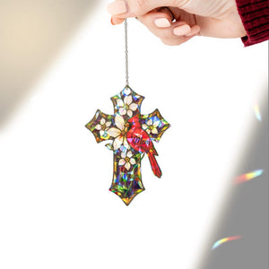 Cardinal Memorial Cross Suncatcher: Holographic Acrylic Remembrance Gift
