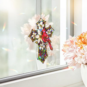 Cardinal Memorial Cross Suncatcher: Holographic Acrylic Remembrance Gift
