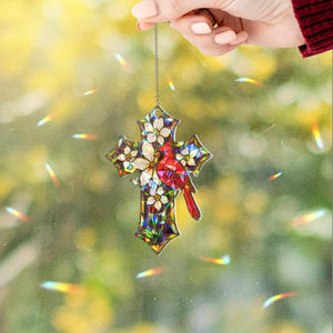 Cardinal Memorial Cross Suncatcher: Holographic Acrylic Remembrance Gift