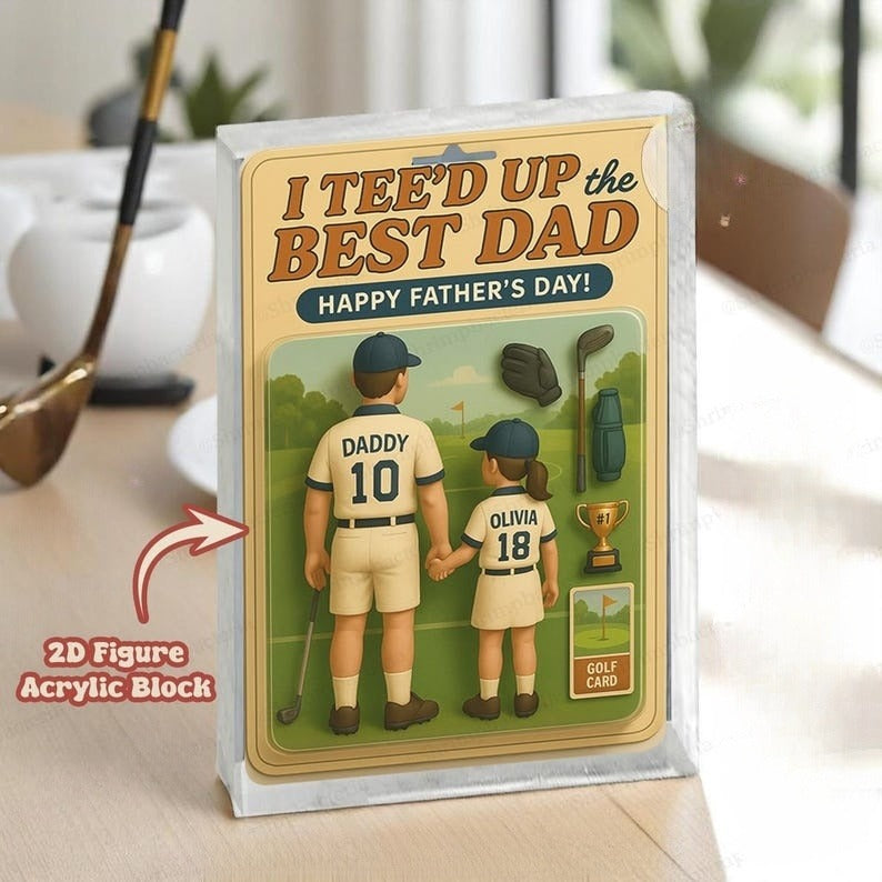 Custom Teed Up the Best Dad By Par Golf Figure 2D Acrylic Block Plaque, Fathers Day Gift for Sport Golf Coach Dad, Gift for Husband, Grandpa