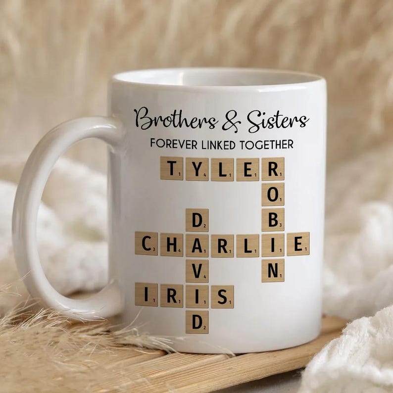 Brothers & Sisters Forever Linked Together Mug, Family Coffee Mug, Crossword Puzzle Art Mug, Gift For Brothers, Sisters Gift, Christmas Gift