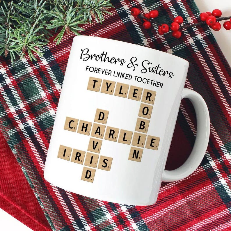 Brothers & Sisters Forever Linked Together Mug, Family Coffee Mug, Crossword Puzzle Art Mug, Gift For Brothers, Sisters Gift, Christmas Gift