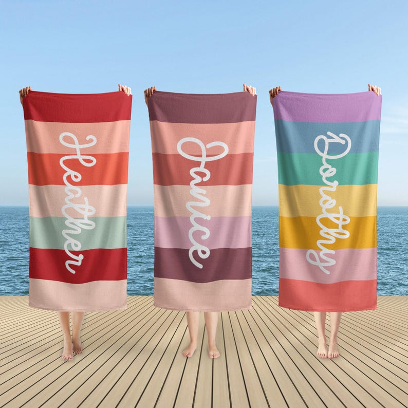Rainbow Beach Towel, Custom Multicolor Beach Towel With Name, Name Pool Towel For Kids/Adult, Groovy Retro Style Vacation Towel Gift