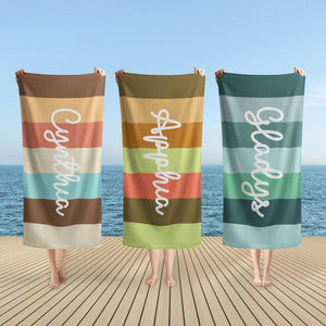 Rainbow Beach Towel, Custom Multicolor Beach Towel With Name, Name Pool Towel For Kids/Adult, Groovy Retro Style Vacation Towel Gift