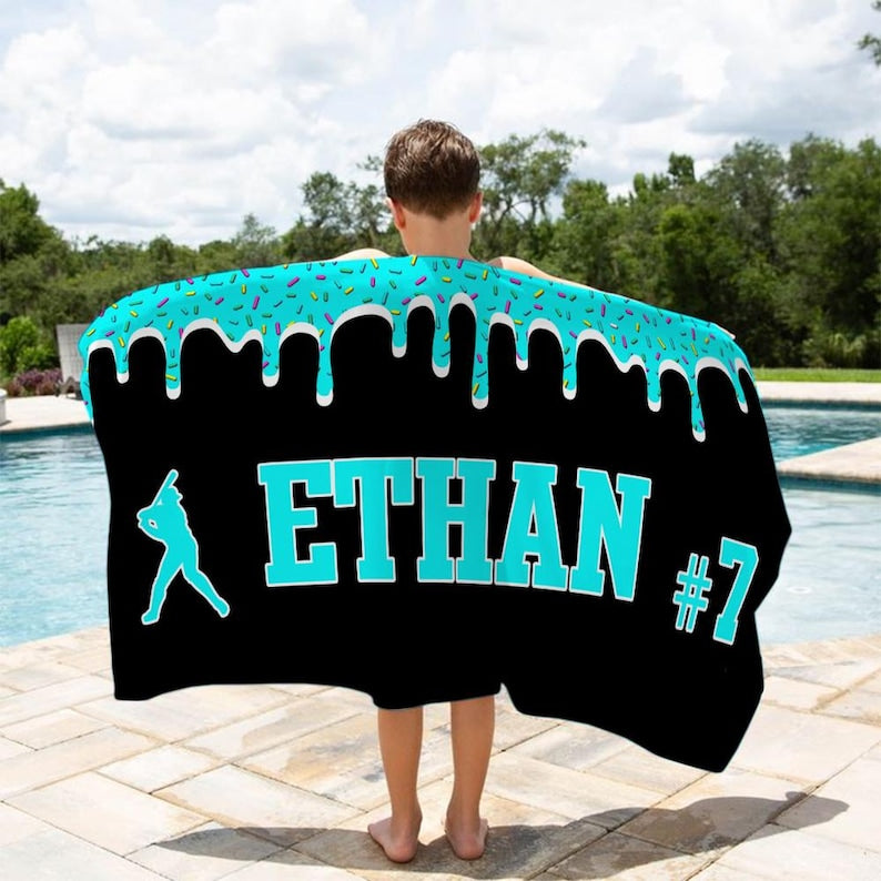 Personalized Ice Cream Drip Baseball Beach Towel For Boys, Drip Beach Towel, Pool Towel, Baseball Softball Team Gift, Youth Baseball Gift