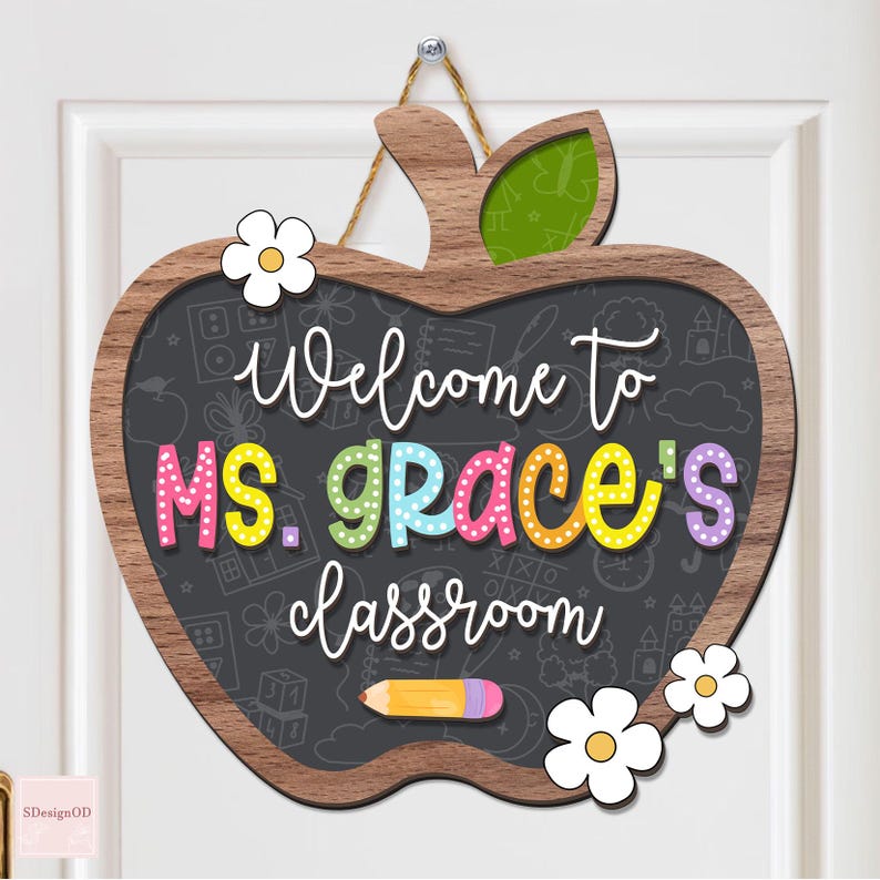 Personalized Teacher Door Sign, 3D Teacher Door Hanger, Teacher Apple Door Sign, Teacher Appreciation Gift, Floral Wooden Sign, Teacher Gift