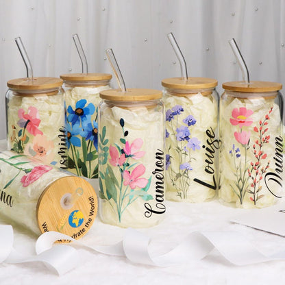 Personalized Birth Flower Tumblers | Gifts for Her | Custom Glass Coffee Cup | Unique Customizable Gifts for Any Occasion