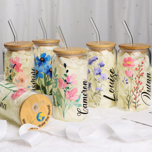 Personalized Birth Flower Tumblers | Gifts for Her | Custom Glass Coffee Cup | Unique Customizable Gifts for Any Occasion