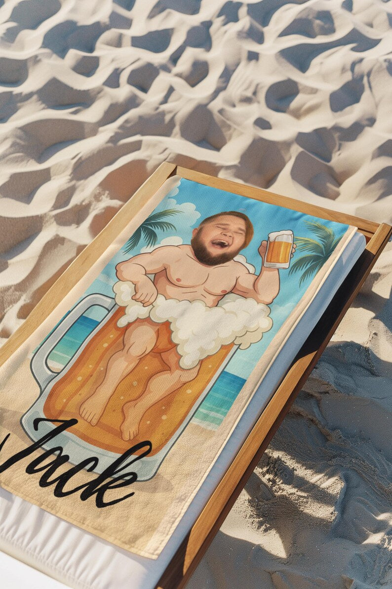 Personalized Beach Towel, Custom Face & Name in Beer Mug,Pool Towel Personalized Beach,Ideal for Beach Days, Pool Parties, and Vacation Gift