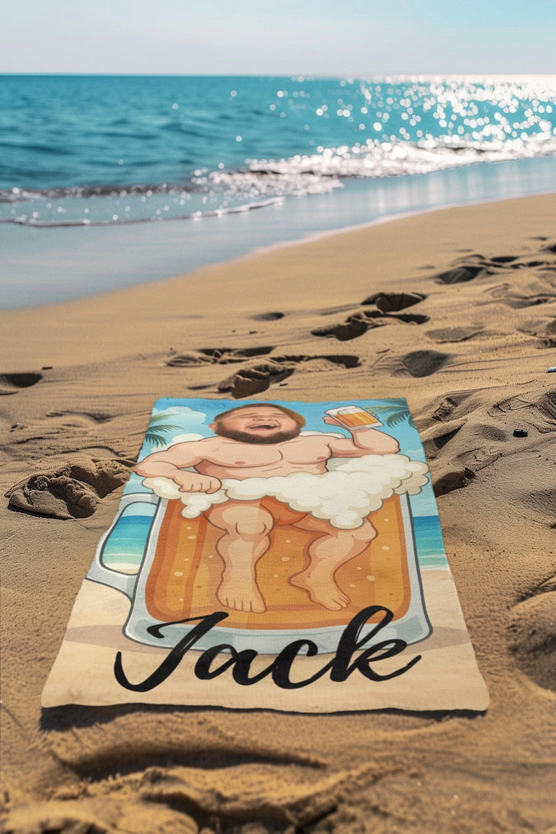Personalized Beach Towel, Custom Face & Name in Beer Mug,Pool Towel Personalized Beach,Ideal for Beach Days, Pool Parties, and Vacation Gift
