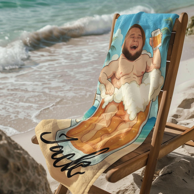 Personalized Beach Towel, Custom Face & Name in Beer Mug,Pool Towel Personalized Beach,Ideal for Beach Days, Pool Parties, and Vacation Gift