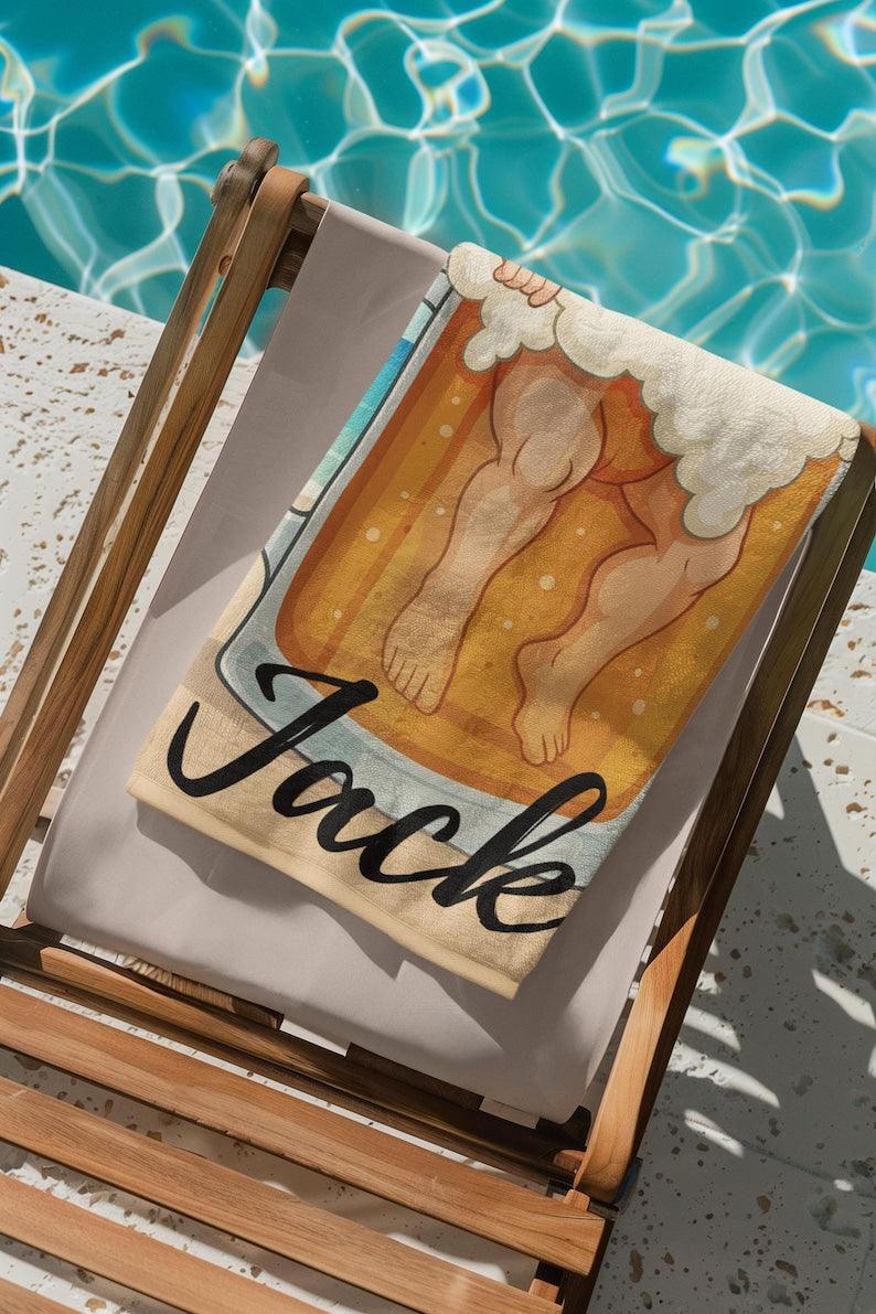 Personalized Beach Towel, Custom Face & Name in Beer Mug,Pool Towel Personalized Beach,Ideal for Beach Days, Pool Parties, and Vacation Gift