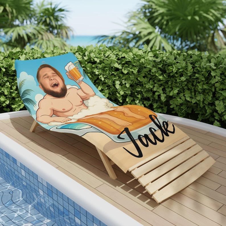 Personalized Beach Towel, Custom Face & Name in Beer Mug,Pool Towel Personalized Beach,Ideal for Beach Days, Pool Parties, and Vacation Gift