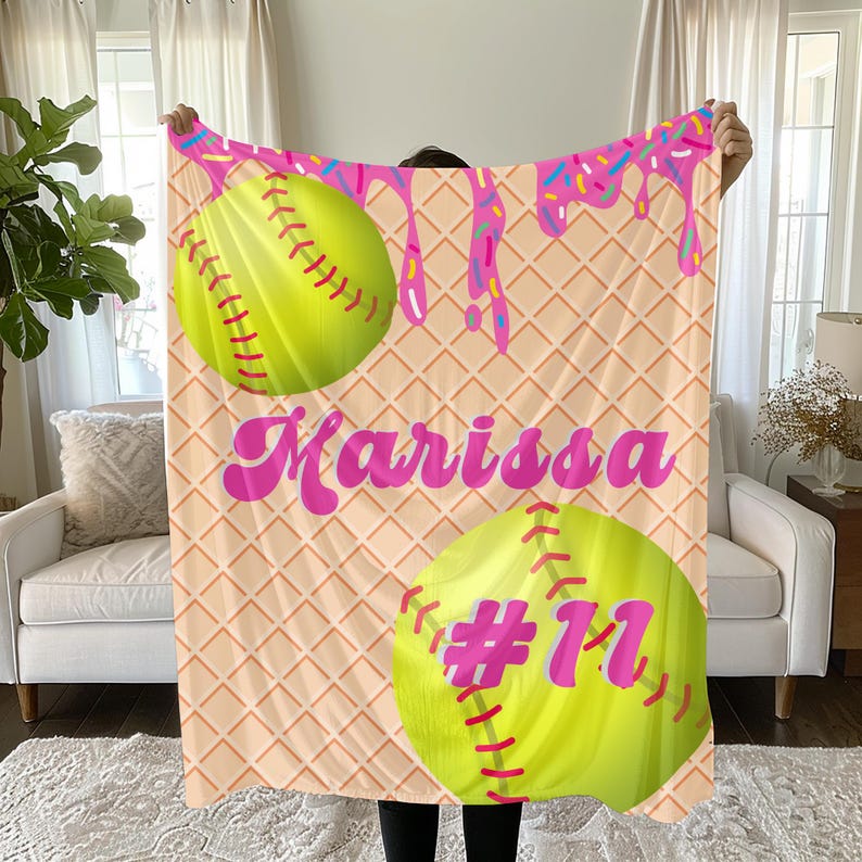 Personalized Softball Blanket, Ice Cream Drip Design, Team Gift