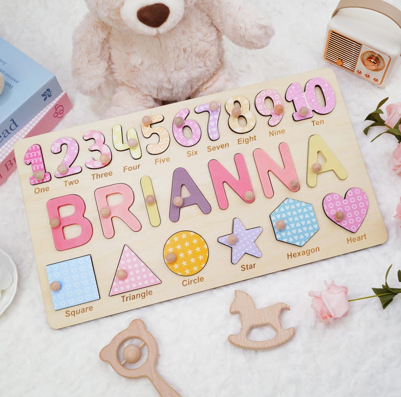 Personalized Wooden Name Puzzle Gift for Boys & Girls, Custom Baby Gifts Name Puzzle with Numbers, Geometry Shapes, Free Back Engraving
