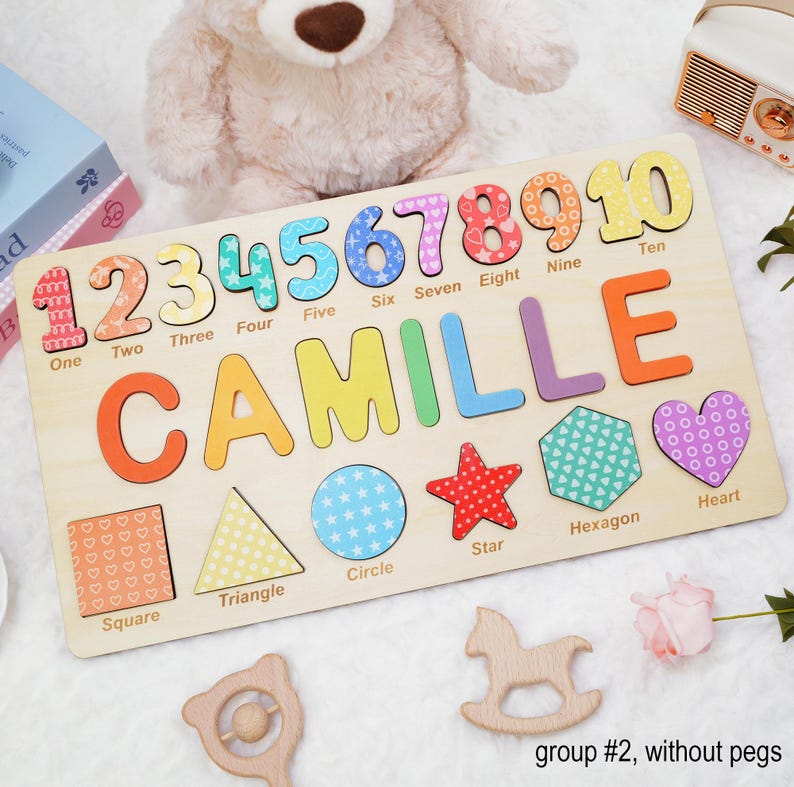 Personalized Wooden Name Puzzle Gift for Boys & Girls, Custom Baby Gifts Name Puzzle with Numbers, Geometry Shapes, Free Back Engraving