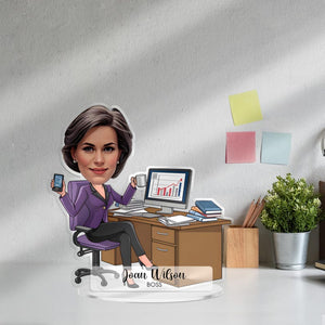 Custom Boss Lady Figurine Trinket Caricature Portrait Desk Name Plate Personalized Acrylic Gift for Female Manager, CEO, Business Woman