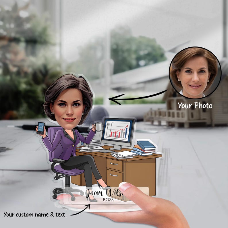Custom Boss Lady Figurine Trinket Caricature Portrait Desk Name Plate Personalized Acrylic Gift for Female Manager, CEO, Business Woman