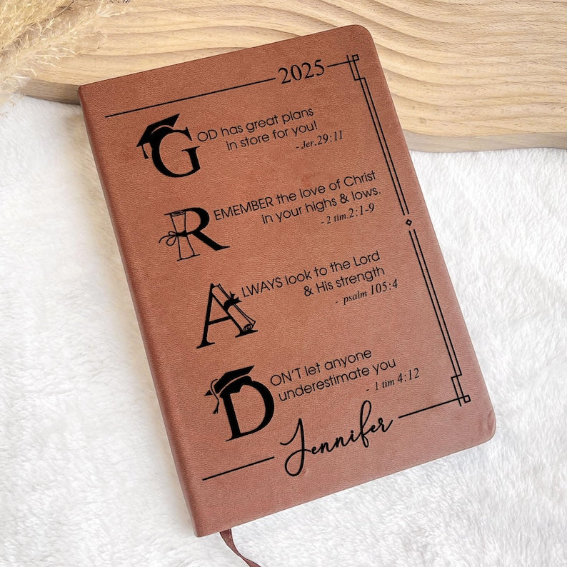 Graduation Motivation God Has Great Plans For You - Personalized Leather Journal, Graduation Journal For Men Women, Christian Gift Grad Gift