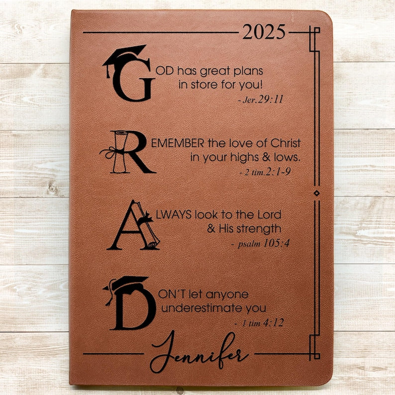 Graduation Motivation God Has Great Plans For You - Personalized Leather Journal, Graduation Journal For Men Women, Christian Gift Grad Gift