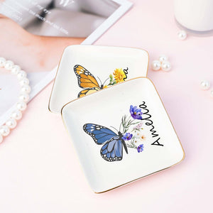 Custom Name Jewelry Dish,Personalised Butterfly Trinket Dish with Flower,Birdesmaid Gift,Birth Flower Ring Dish,Birthday Gift for Mom,Her