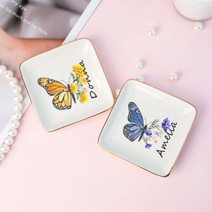 Custom Name Jewelry Dish,Personalised Butterfly Trinket Dish with Flower,Birdesmaid Gift,Birth Flower Ring Dish,Birthday Gift for Mom,Her