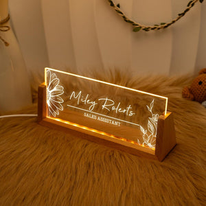 Personalized Lighted Desk Name Plate: Wooden Base, Floral Design