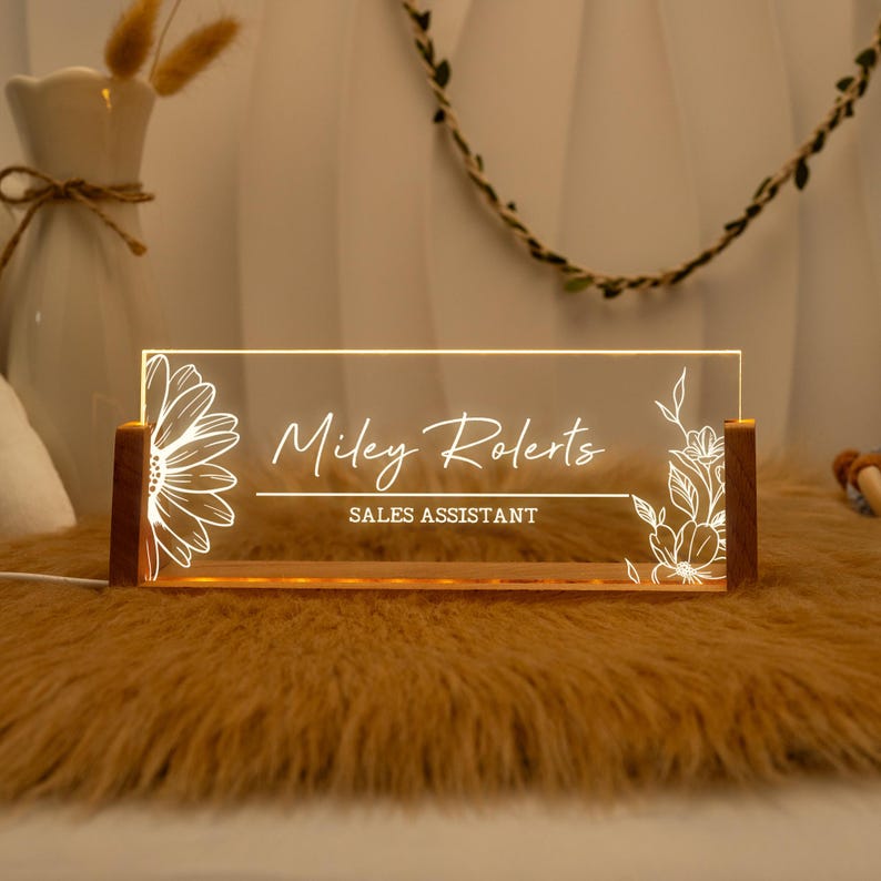 Personalized Lighted Desk Name Plate: Wooden Base, Floral Design