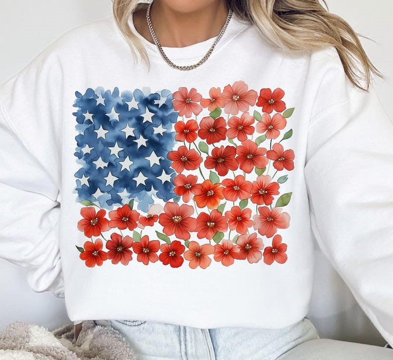 Flower Brushstroke America Flag Sweatshirt, American Flag Floral Shirt, 4th July T-shirt, USA Flag, Patriotic Shirt, Girly Tee