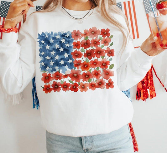Flower Brushstroke America Flag Sweatshirt, American Flag Floral Shirt, 4th July T-shirt, USA Flag, Patriotic Shirt, Girly Tee