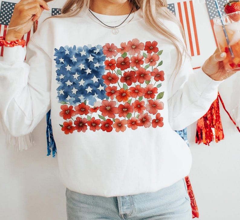 Flower Brushstroke America Flag Sweatshirt, American Flag Floral Shirt, 4th July T-shirt, USA Flag, Patriotic Shirt, Girly Tee
