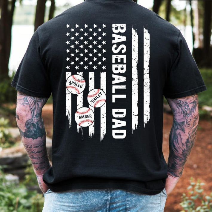 Custom Baseball Dad Shirt with Kids Name, Baseball Dad 2-Sided Shirt, Gift For Dad, Father's Day Shirt, Baseball Season Tee, Baseball Lover