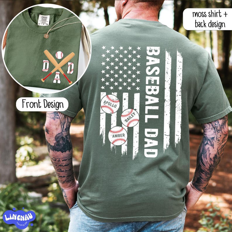 Custom Baseball Dad Shirt with Kids Name, Baseball Dad 2-Sided Shirt, Gift For Dad, Father's Day Shirt, Baseball Season Tee, Baseball Lover