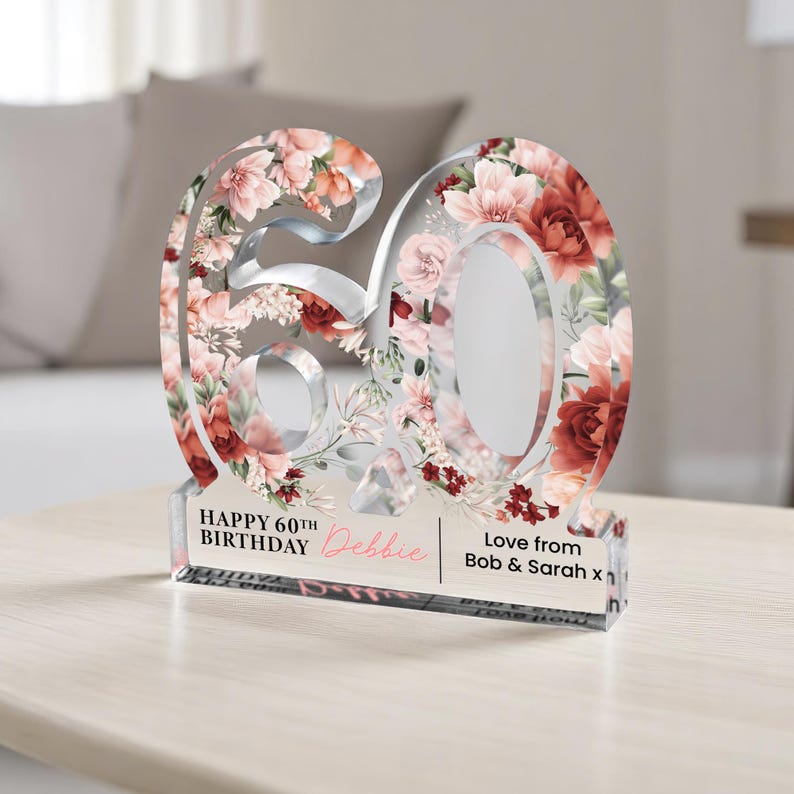 Personalised 60th Birthday Gift Plaque, Happy 60th Birthday Gift For Her, 60th Birthday Gifts, Floral 60th Gift, Gift for Her