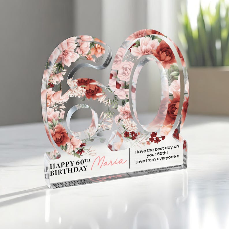 Personalised 60th Birthday Gift Plaque, Happy 60th Birthday Gift For Her, 60th Birthday Gifts, Floral 60th Gift, Gift for Her