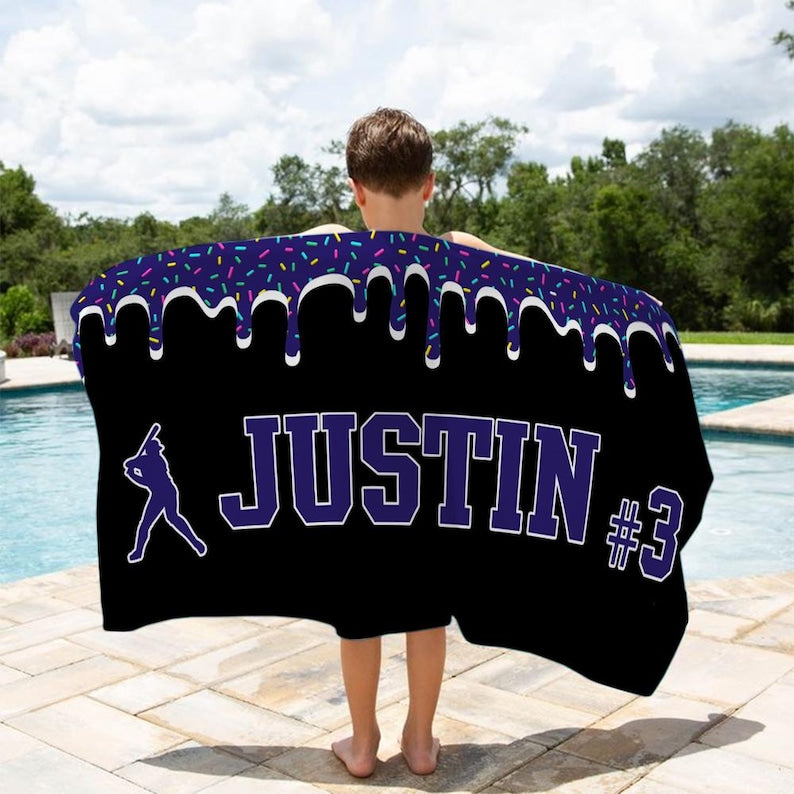 Personalized Ice Cream Drip Baseball Beach Towel For Boys, Drip Beach Towel, Pool Towel, Baseball Softball Team Gift, Youth Baseball Gift