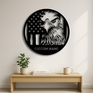 Custom Eagle Metal Wall Art Personalized American Flag Sign Patriotic Round Steel Wall Decor for Veterans, Military, Garage or Man Cave