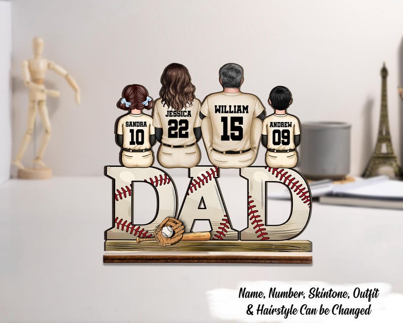 Baseball Dad Family Sitting Back View Personalized Standing Wooden Plaque, Father's Day Gift for Dad, for Grandpa,for Husband,Baseball Lover