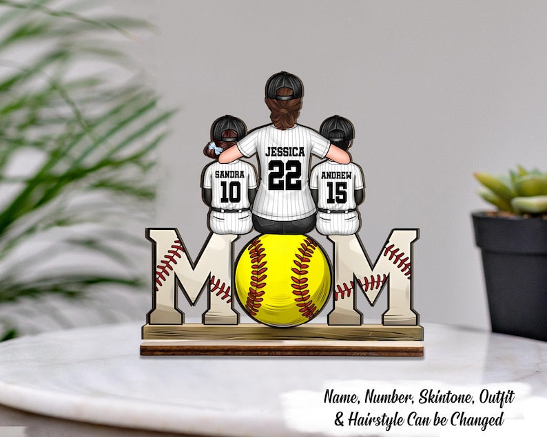Baseball, Softball Mom And Kids Personalized Standing Wooden Plaque, Mother's Day Gift For Wife, Gift For Mom,Baseball Lover,Baseball Player