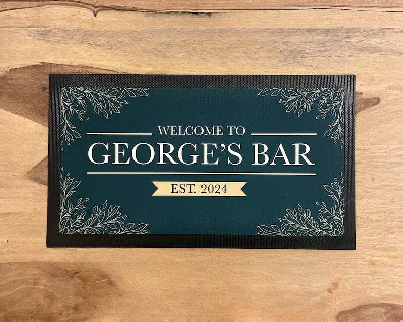 Custom Bar Accessory Set | Rubber Bar Mat, Premium Cork Coasters & Steel Bottle Opener Bar Blade | Personalised Name Runner Multiple Colours
