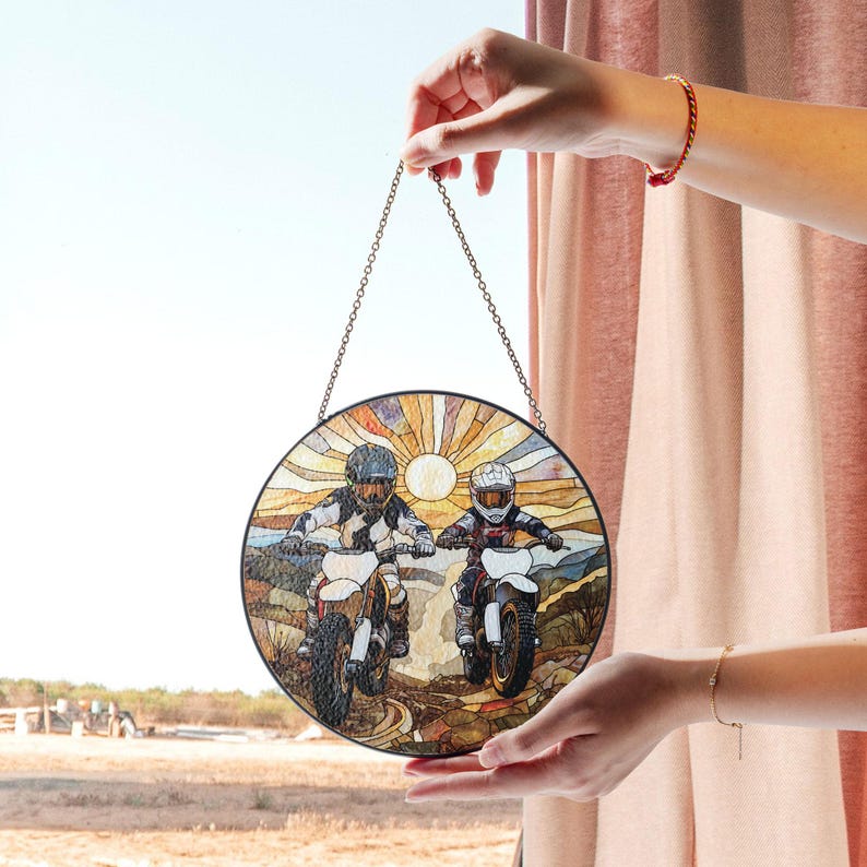 Dad And Son Dirt Bike Stained Glass Suncatcher, Father Son Motocross Window Art, Adventure Theme Decor, Gift for Dad and Son, Father's Day