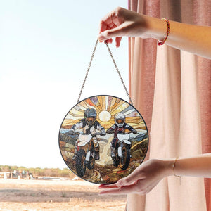 Dad And Son Dirt Bike Stained Glass Suncatcher, Father Son Motocross Window Art, Adventure Theme Decor, Gift for Dad and Son, Father's Day