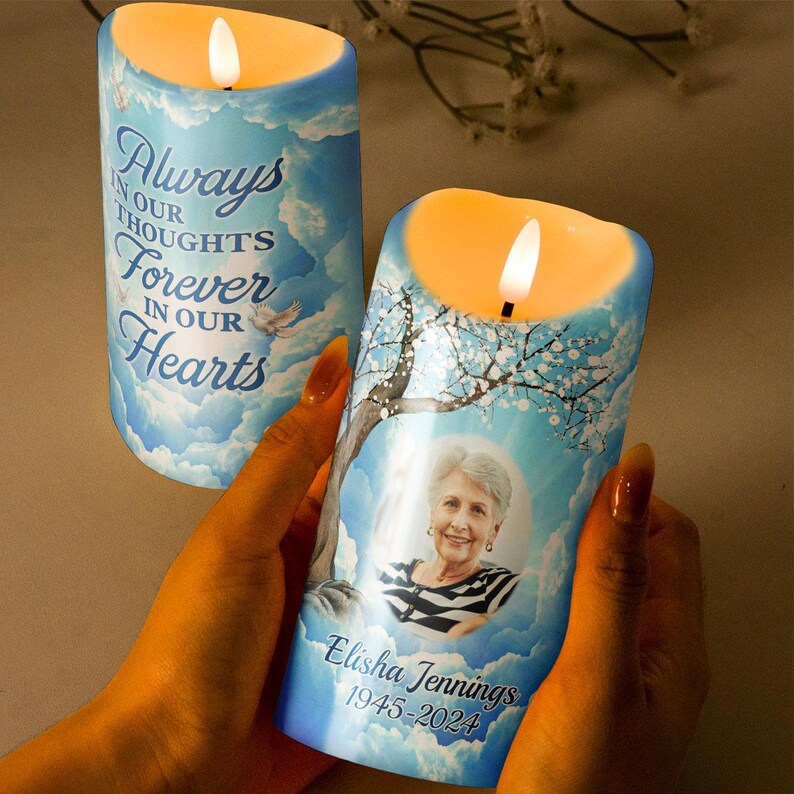 Forever In Our Hearts - Candle Light Custom Memorial Photo Candle, Personalized Upload Photo Remembrance Candle LED Light