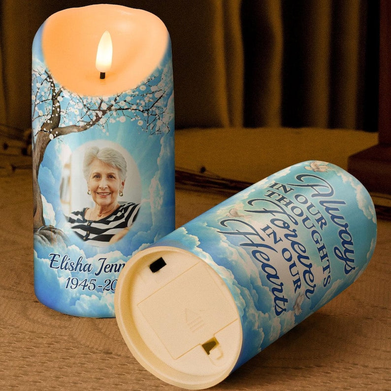 Forever In Our Hearts - Candle Light Custom Memorial Photo Candle, Personalized Upload Photo Remembrance Candle LED Light