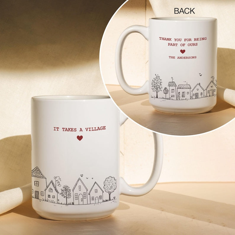 It Takes a Village Mug, Personalized Thank You Gift for Teacher Appreciation Gift, Babysitter Thank You, Gift for Nanny Thank You Coach