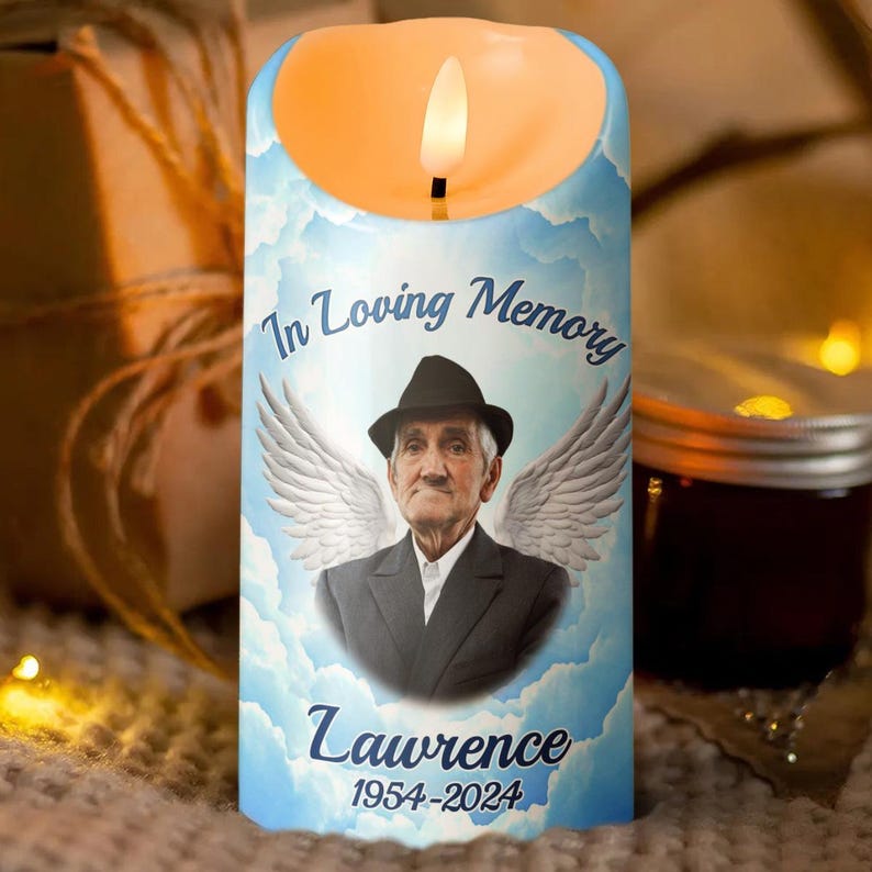 In Loving Memory - Candle Light Custom Memorial Photo Candle, Personalized Upload Photo Remembrance Candle LED Light