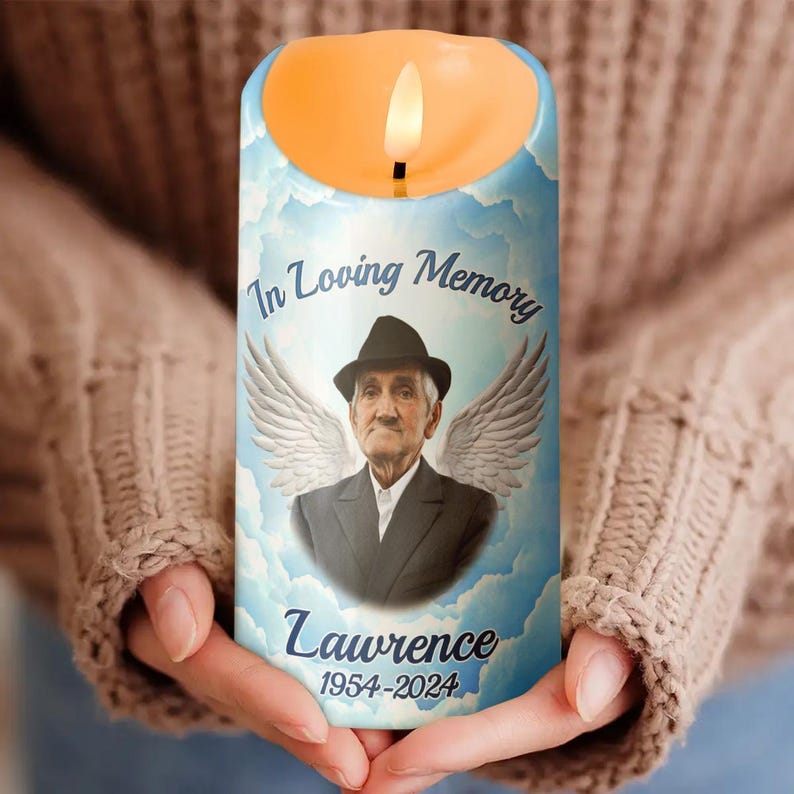 In Loving Memory - Candle Light Custom Memorial Photo Candle, Personalized Upload Photo Remembrance Candle LED Light
