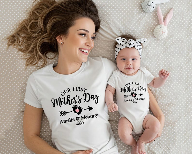 Personalized Matching Our First Mothers Day Shirt, 1st Mother Day Tee and Baby Bodysuit, Custom Mothers Day Gift, Couple New Mom