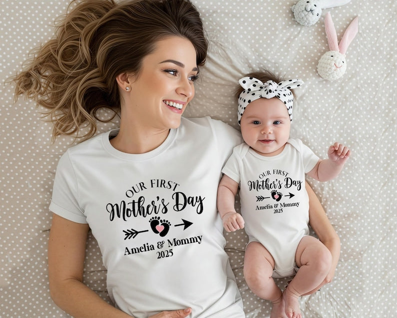Personalized Matching Our First Mothers Day Shirt, 1st Mother Day Tee and Baby Bodysuit, Custom Mothers Day Gift, Couple New Mom